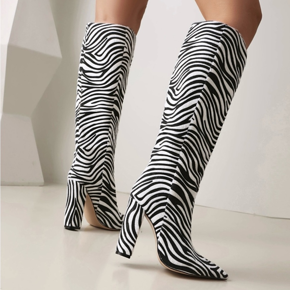 Black&White Faux Horsehair Zebra V-Cut Block Heel Knee High Boots - New
